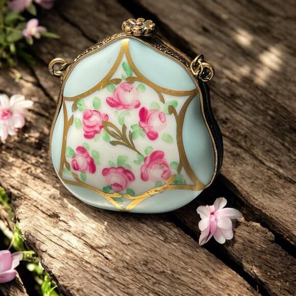 Authentic Vintage Limoges Floral Purse Roses Trinket Box, Engagement Ring Box,
